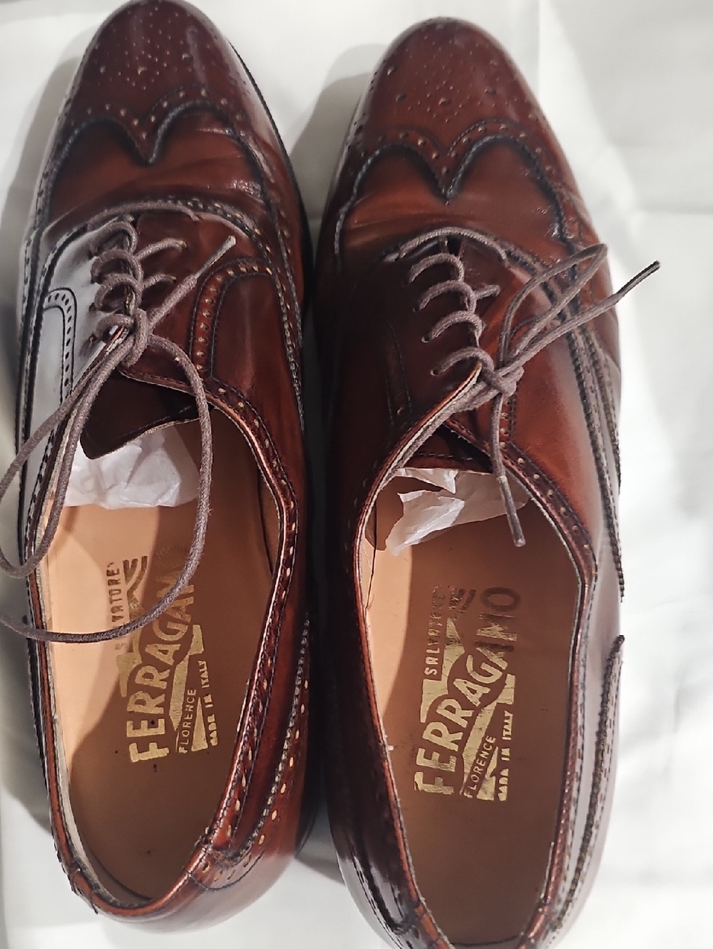 Salvatore Ferragamo Men’s Wingtip Brogue Oxford Shoes | Brown Leather Size 8.5 C